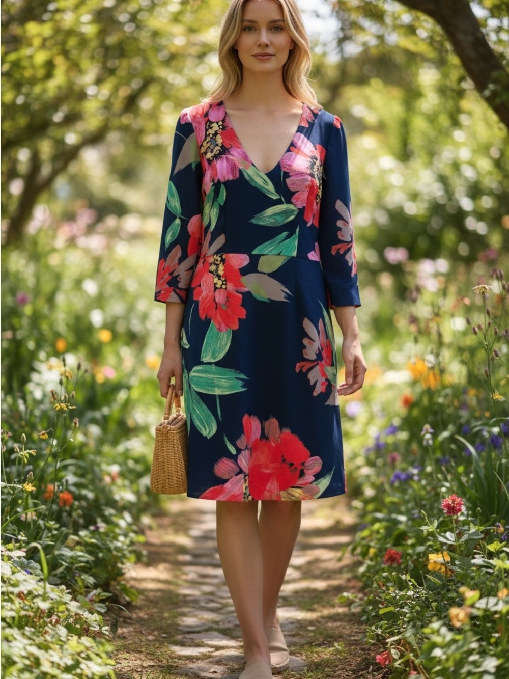 Trina Turk Navy Floral V-Neck Mini Dress with Pink & Green Blooms